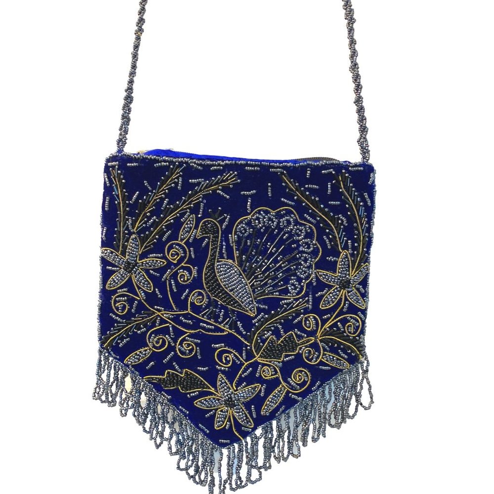 TONI Pretty Blue Velvet Beaded Peacock Shoulder Bag/Cocktail Purse